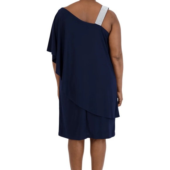 R&M Richards Plus Size Rhinestone-Trim One-Shoulder Dress Size 14W Navy Blue - Picture 2 of 13